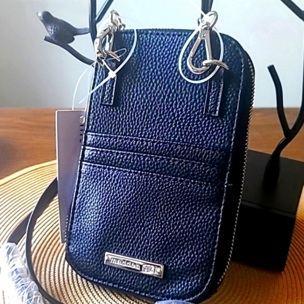 Madden Girl Crossbody Bag Card Case Wallet Black Pebbled Faux Leather New